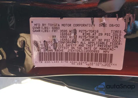 2001 Toyota Land Cruiser from USA, damaged, VIN JTEHT05J112000893